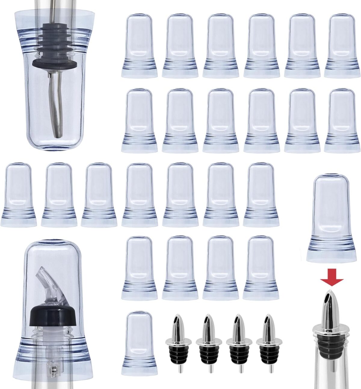 Esatto Pour Spout Covers and Chrome Pourers set — 24 translucent covers with 4 chrome pourers